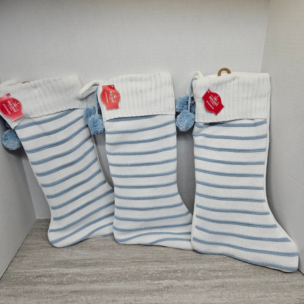 Set of 3 Cozy Striped Knit Holiday‎ Christmas Stockings Blue White Pom Poms